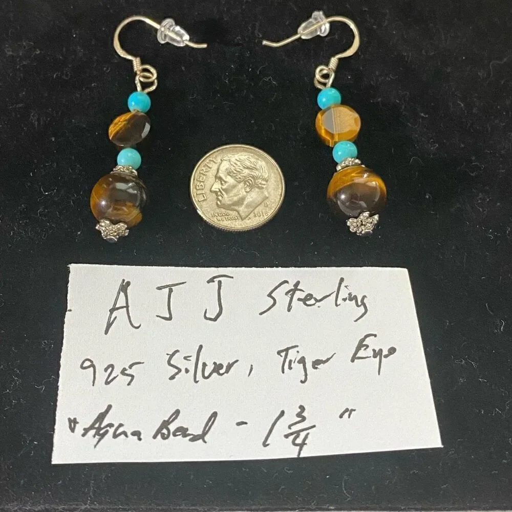AJJ Sterling 1 3/4” Dangles with Tiger eye & Turquoue beads